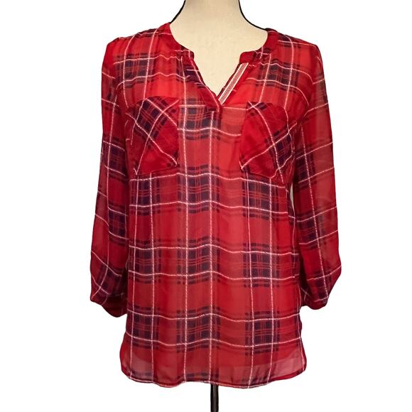 Skies are Blue Sheer Womens Top Size XL Red Orange Plaid Roll Tab Sleeve Western - Picture 1 of 11